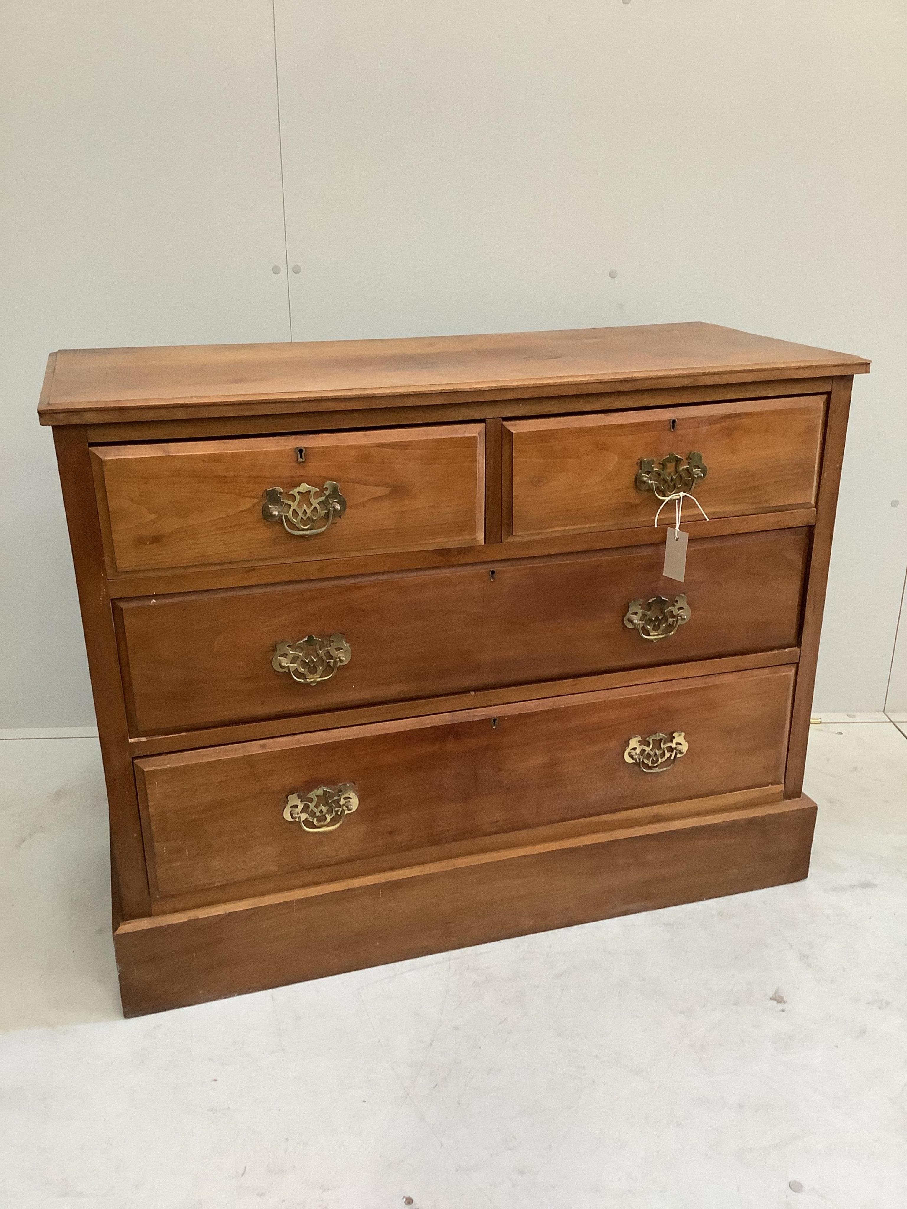 A late Victorian mahogany chest of drawers, width 106cm, depth 45cm, height 84cm. Condition - fair